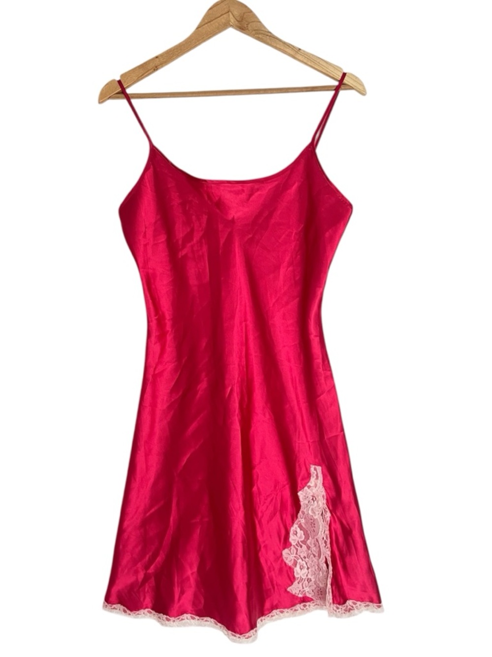 Jacob Hot Pink Satin Slip Dress Lace Trim Chemise Mini Dress Medium